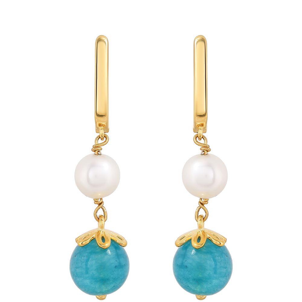 Pozlacené Stříbrné Náušnice s Paraiba Křemenem a Bílou Sladkovodní Perlou