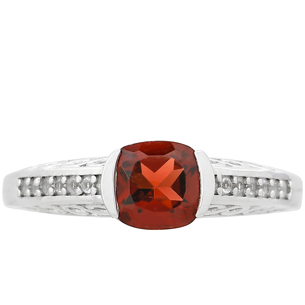 Stříbro 925/1000 - Prsten s Granátem a Bílým Topazem - Karátové číslo: 1.23. přibližná hmotnost: 2.63 gramů