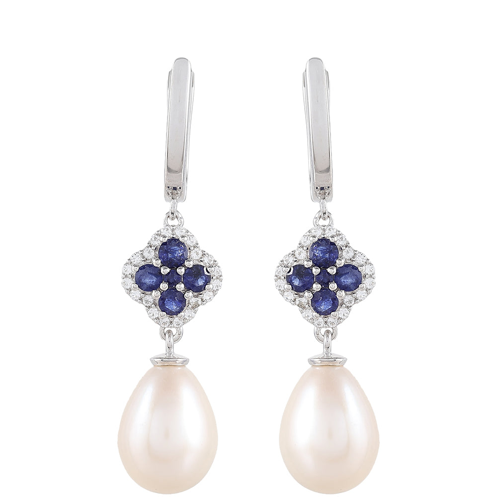 Stříbrné Náušnice s Thajským Safírem a Bílou Sladkovodní Perlou