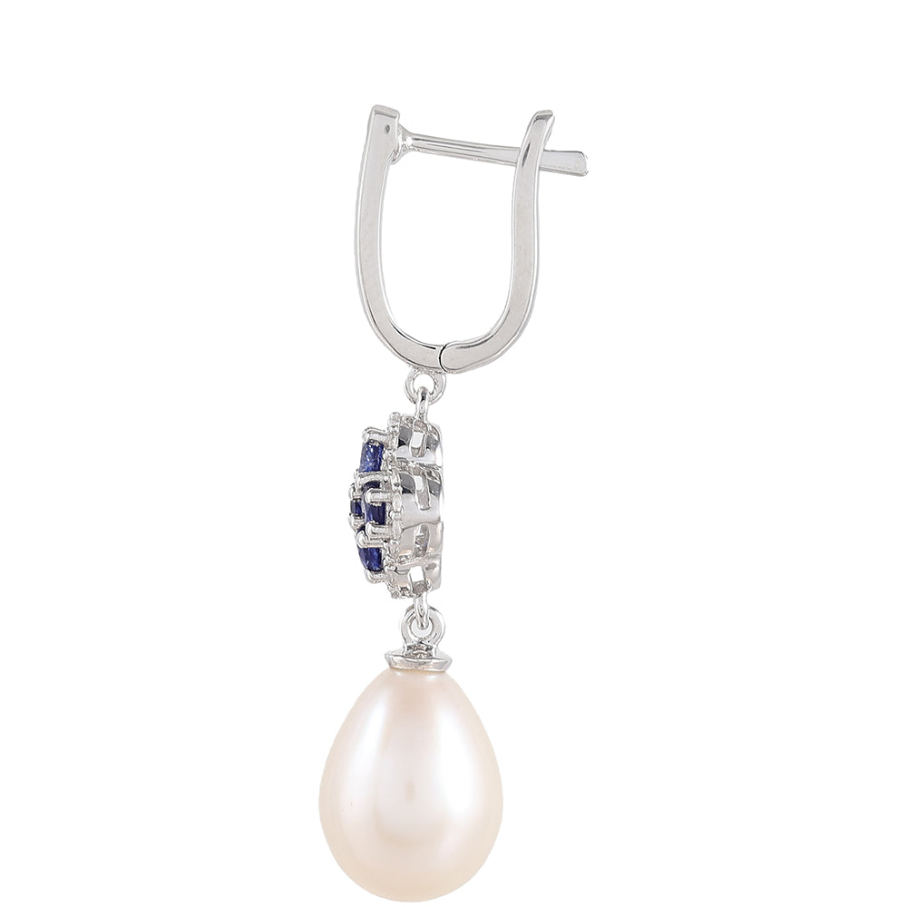 Stříbrné Náušnice s Thajským Safírem a Bílou Sladkovodní Perlou 2 