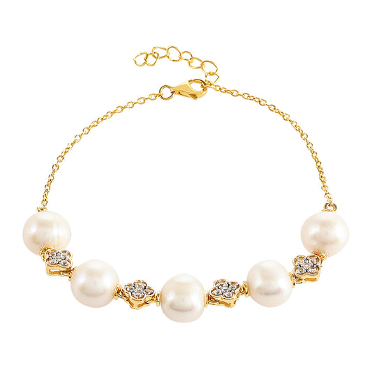 Pozlacené Stříbro 925/1000 - Náramek s Barokní Sladkovodní Kultivovanou Perlou a Bílým Topazem - Karátové číslo: 25.82. přibližná hmotnost: 8.44 gramů