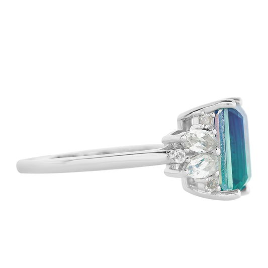 Stříbro 925/1000 - Prsten s Pavím Křemenem a Bílým Topazem - Karátové číslo: 3.81. přibližná hmotnost: 3.04 gramů