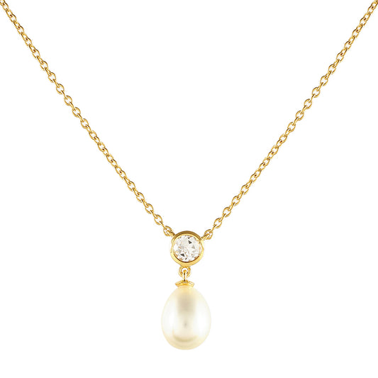 Pozlacené Stříbro 925/1000 - Náhrdelník s Barokní Sladkovodní Kultivovanou Perlou a Bílým Topazem - Karátové číslo: 6.38. přibližná hmotnost: 4.57 gramů