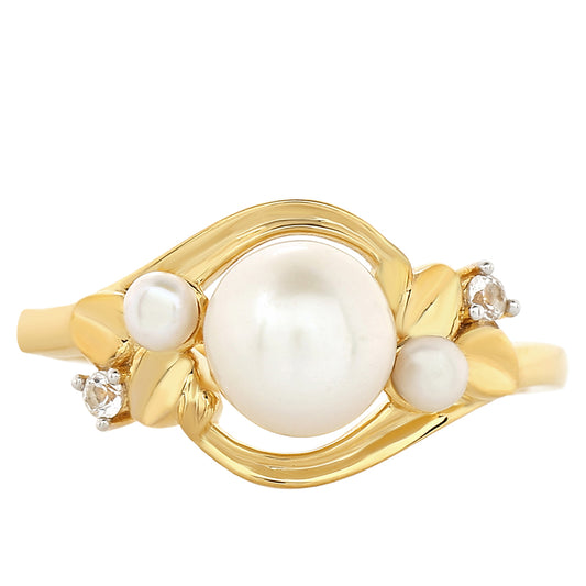 Pozlacené Stříbro 925/1000 - Prsten s Barokní Sladkovodní Kultivovanou Perlou a Bílým Topazem - Karátové číslo: 2.3. přibližná hmotnost: 3.17 gramů