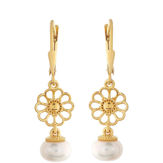 Pozlacené Stříbro 925/1000 - Náušnice s Barokní Sladkovodní Kultivovanou Perlou - Karátové číslo: 5.55. přibližná hmotnost: 3.27 gramů