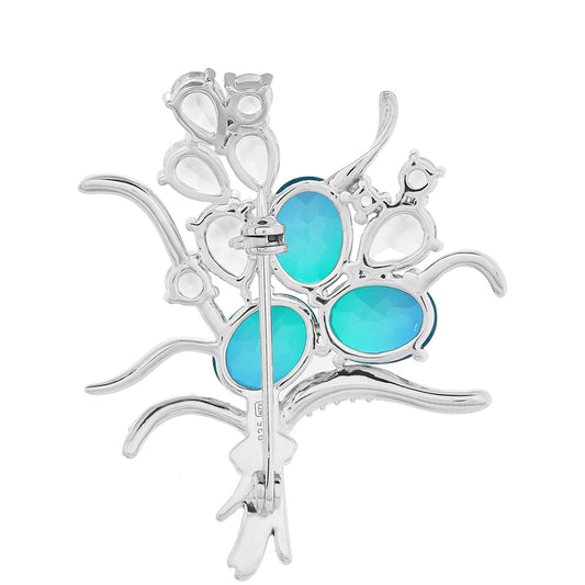 Stříbro 925/1000 - Brož s Pavím Křemenem a Bílým Topazem - Karátové číslo: 9.85. přibližná hmotnost: 8.51 gramů