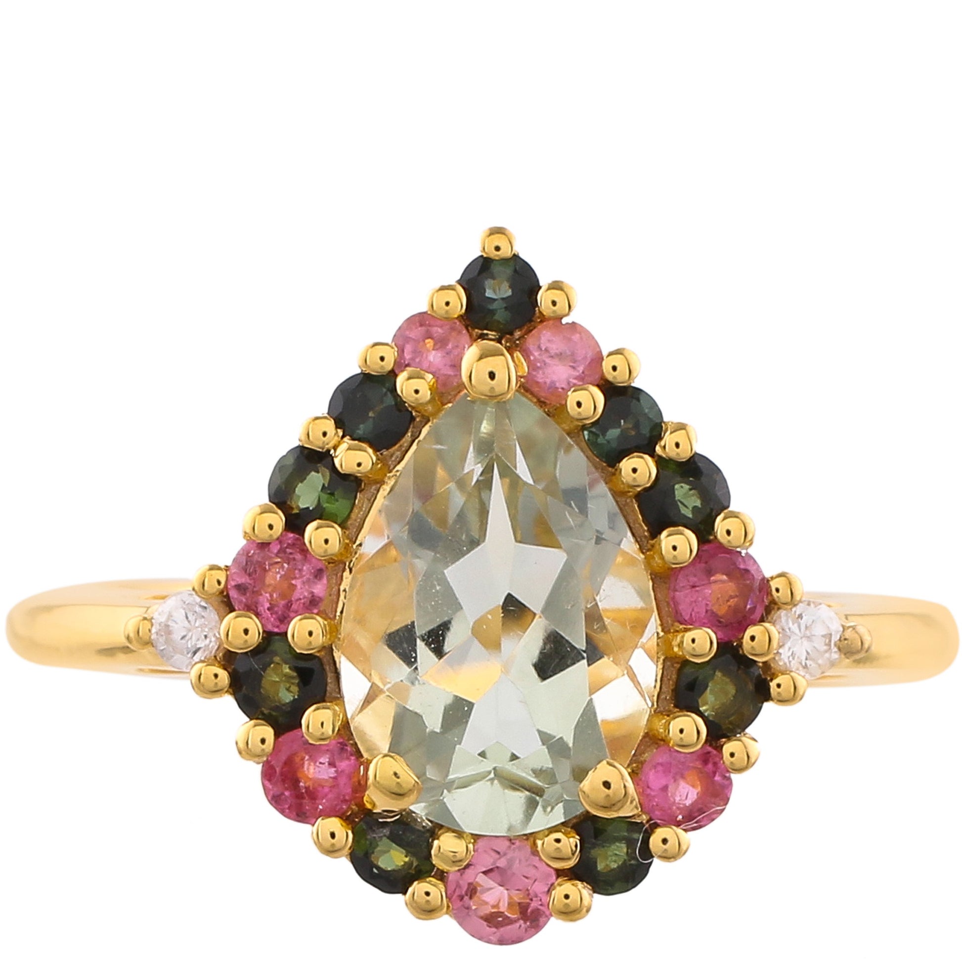 Pozlacený Stříbrný Prsten se Zeleným Ametystem a Růžovým Turmalínem 1 