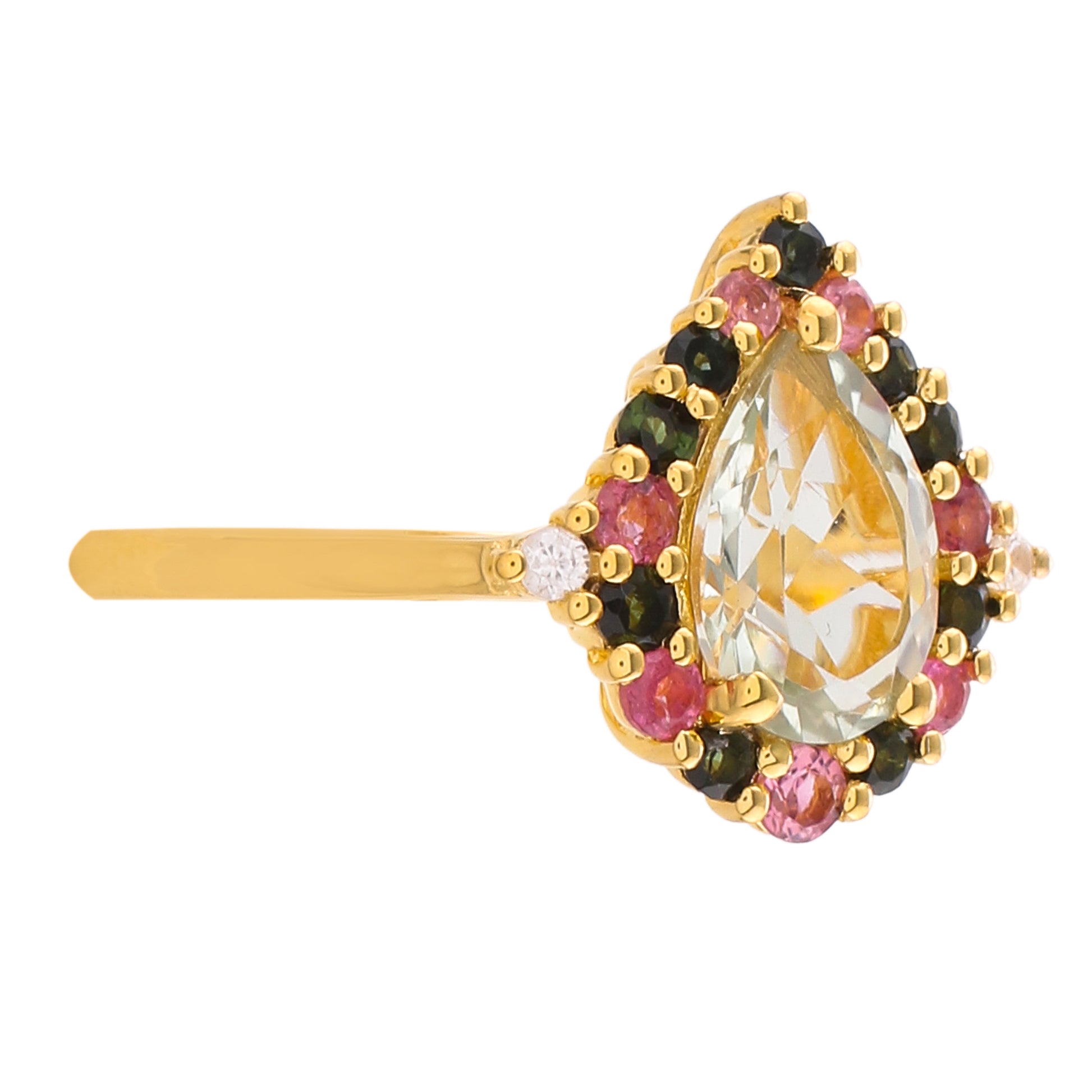 Pozlacený Stříbrný Prsten se Zeleným Ametystem a Růžovým Turmalínem 2 