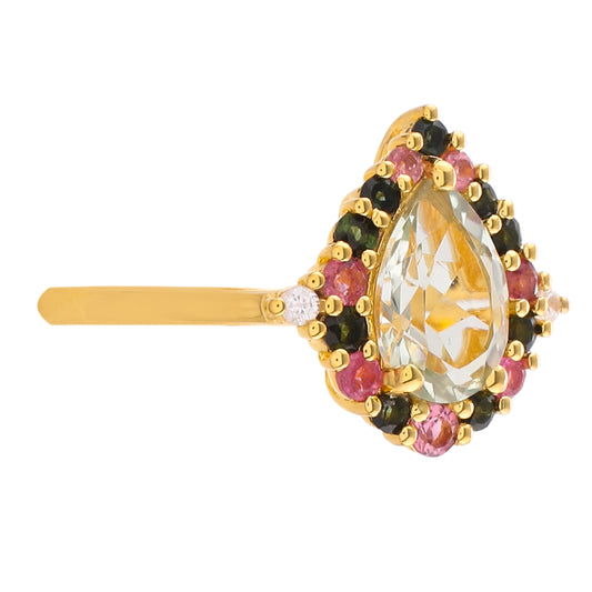 Pozlacený Stříbrný Prsten se Zeleným Ametystem a Růžovým Turmalínem