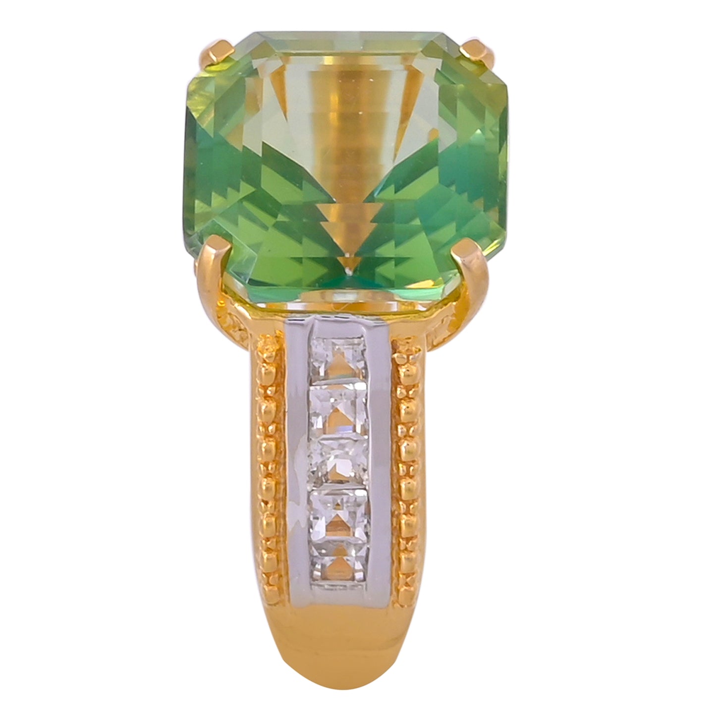 Pozlacený Stříbrný Prsten s Kapradinově Zeleným Křemenem a Bílým Topazem