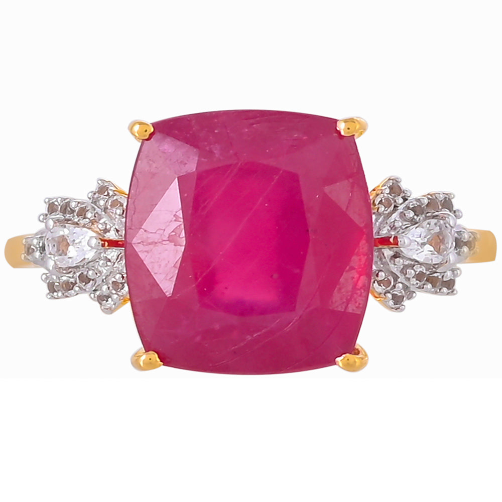 Pozlacené Stříbro 925/1000 - Prsten s Madagaskarským Rubínem a Bílým Topazem - Karátové číslo: 8.75. přibližná hmotnost: 4.65 gramů 1 