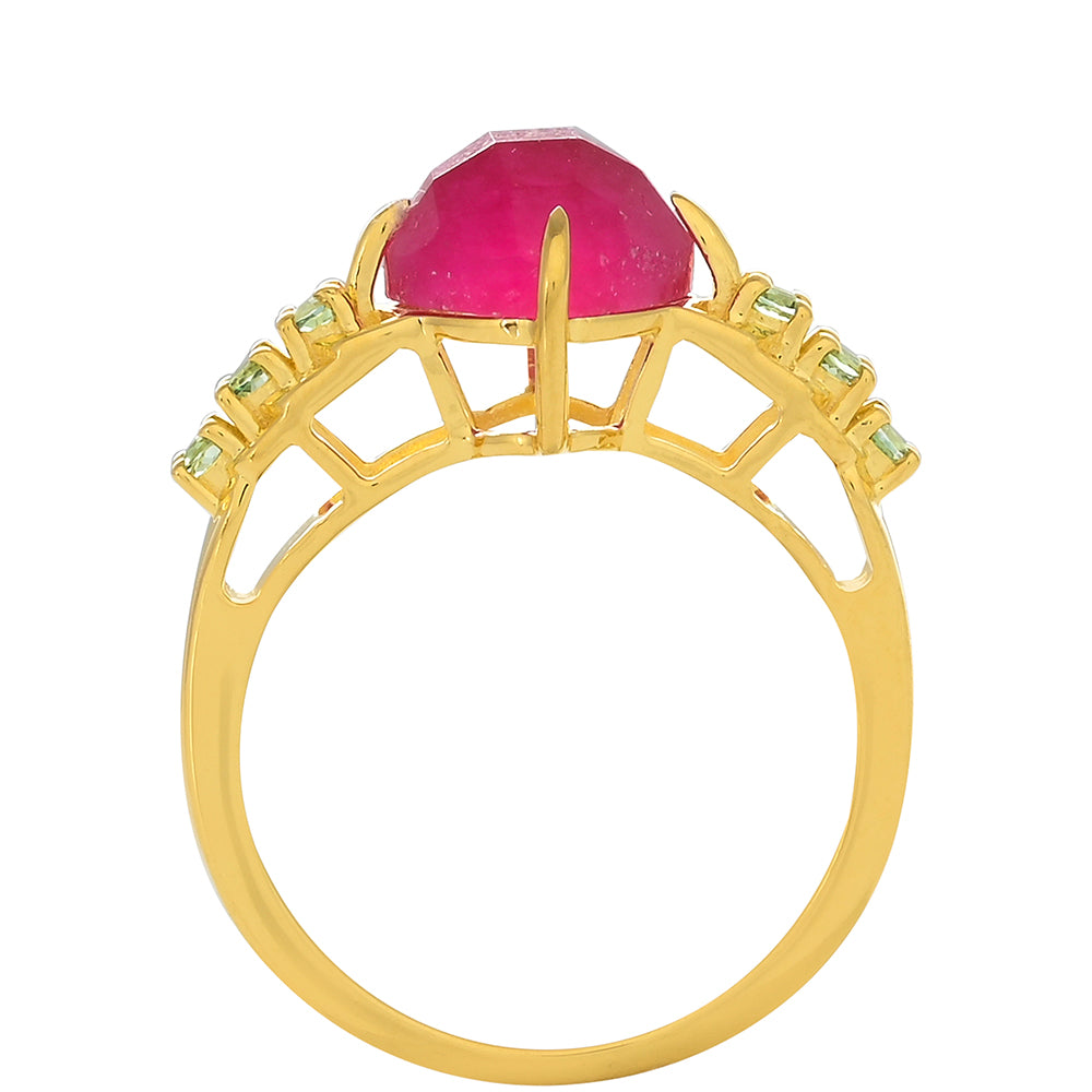 Pozlacený Stříbrný Prsten s Růžovým Křemenem a se Zeleným Topazem