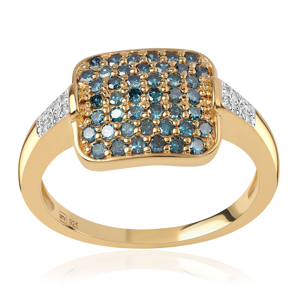 Pozlacený 925 / 1000 Sterlingové Stříbro Prsten s Modrým Diamantem a Bílým Diamantem
