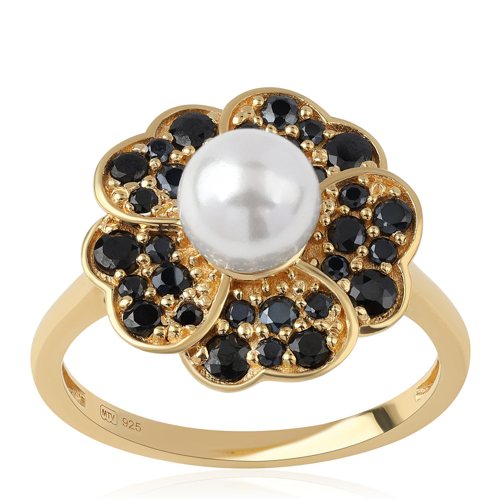 Pozlacené Stříbro 925/1000 - Prsten s Černým spinelem a Bílou Sladkovodní Perlou - Karátové číslo: 3.46. přibližná hmotnost: 4.85 gramů 1 