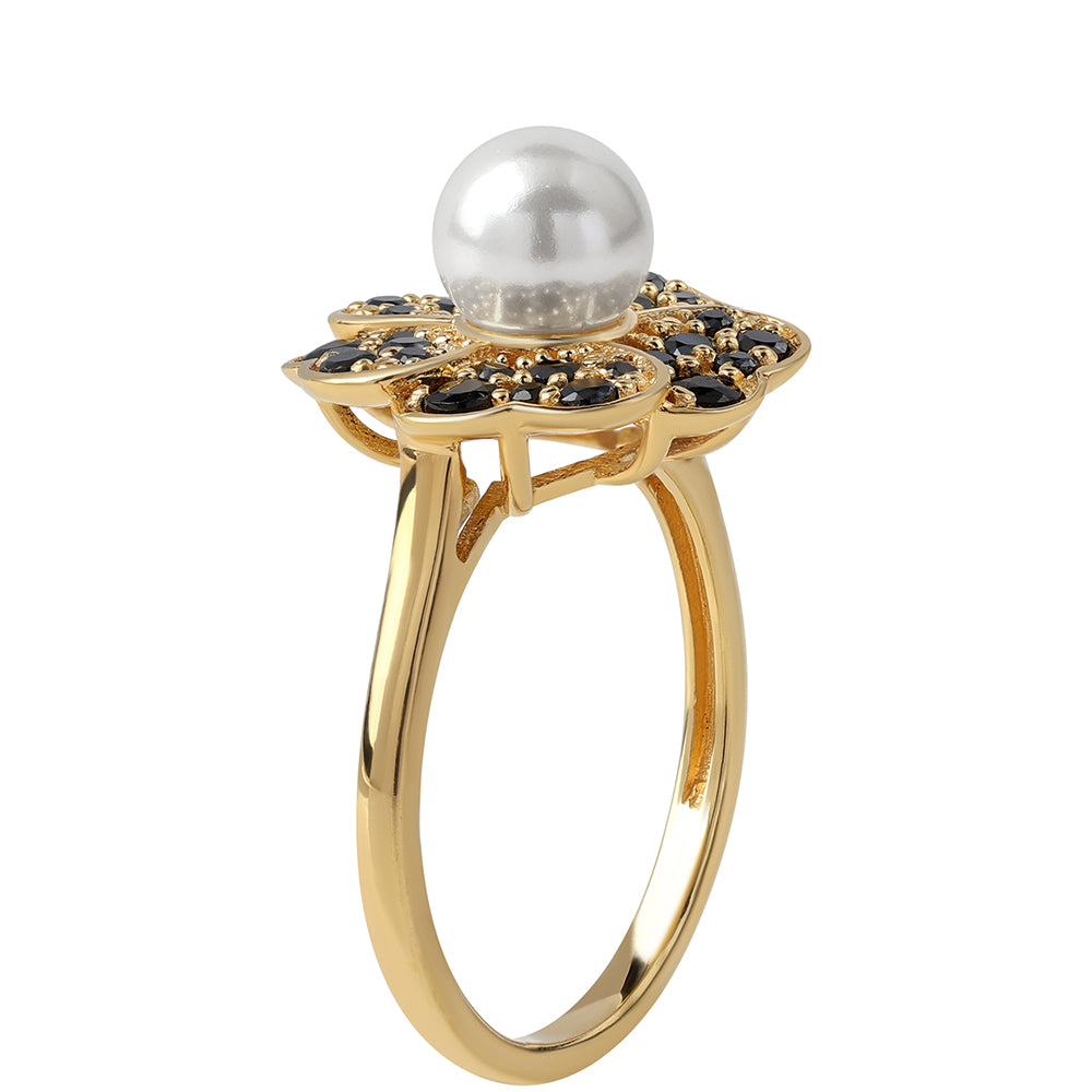 Pozlacené Stříbro 925/1000 - Prsten s Černým spinelem a Bílou Sladkovodní Perlou - Karátové číslo: 3.46. přibližná hmotnost: 4.85 gramů 2 
