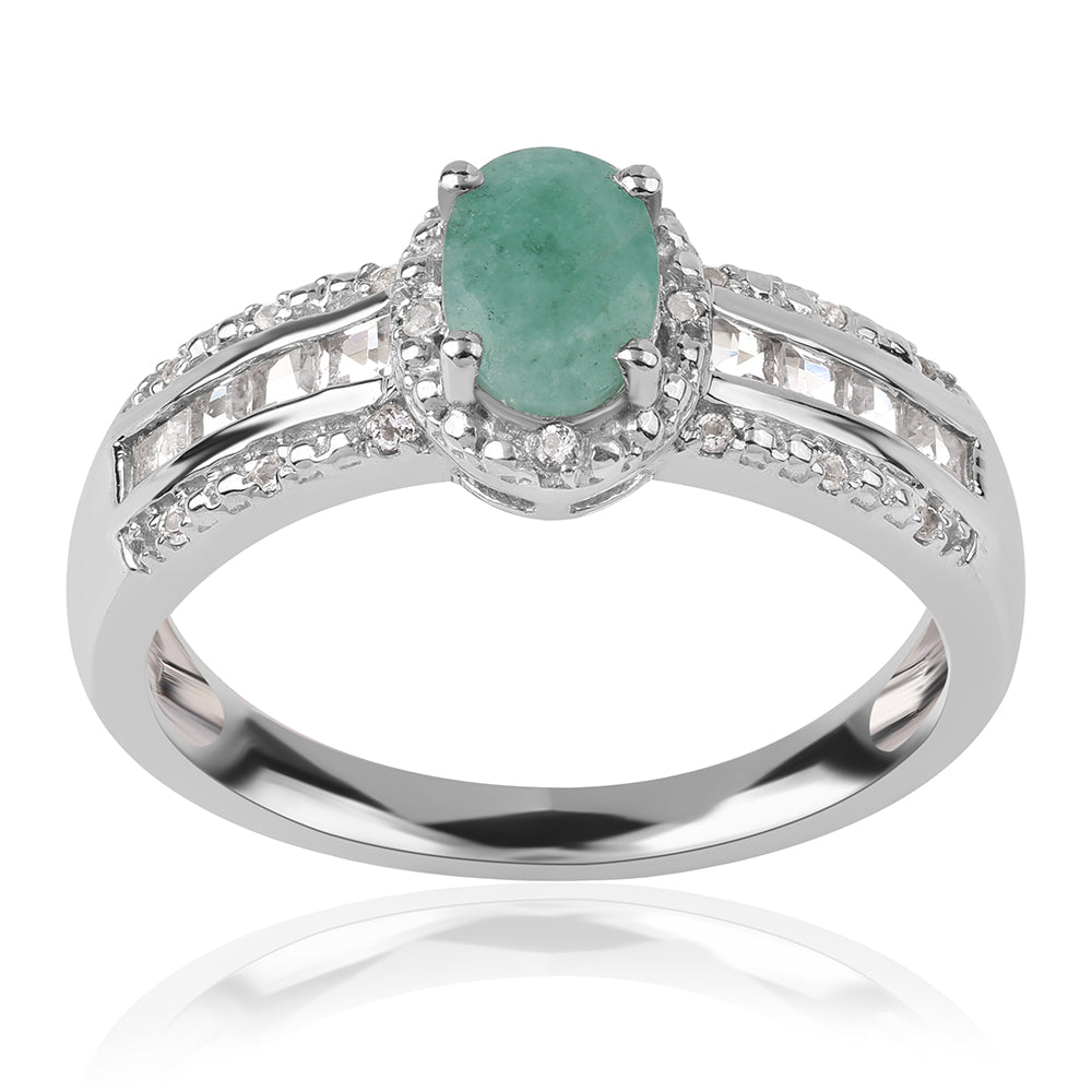 Stříbro 925/1000 - Prsten s Brazilským Smaragdem a Bílým Topazem - Karátové číslo: 1.01. přibližná hmotnost: 3.49 gramů 1 