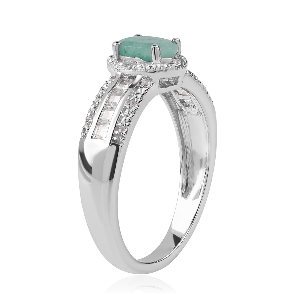 Stříbro 925/1000 - Prsten s Brazilským Smaragdem a Bílým Topazem - Karátové číslo: 1.01. přibližná hmotnost: 3.49 gramů