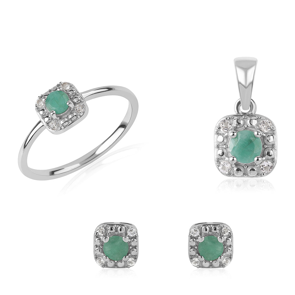 Stříbro 925/1000 - Sada s Brazilským Smaragdem a Bílým Topazem - Karátové číslo: 1.18. přibližná hmotnost: 4.37 gramů ( Náušnice+Prsten+Přívěsek ) 1 