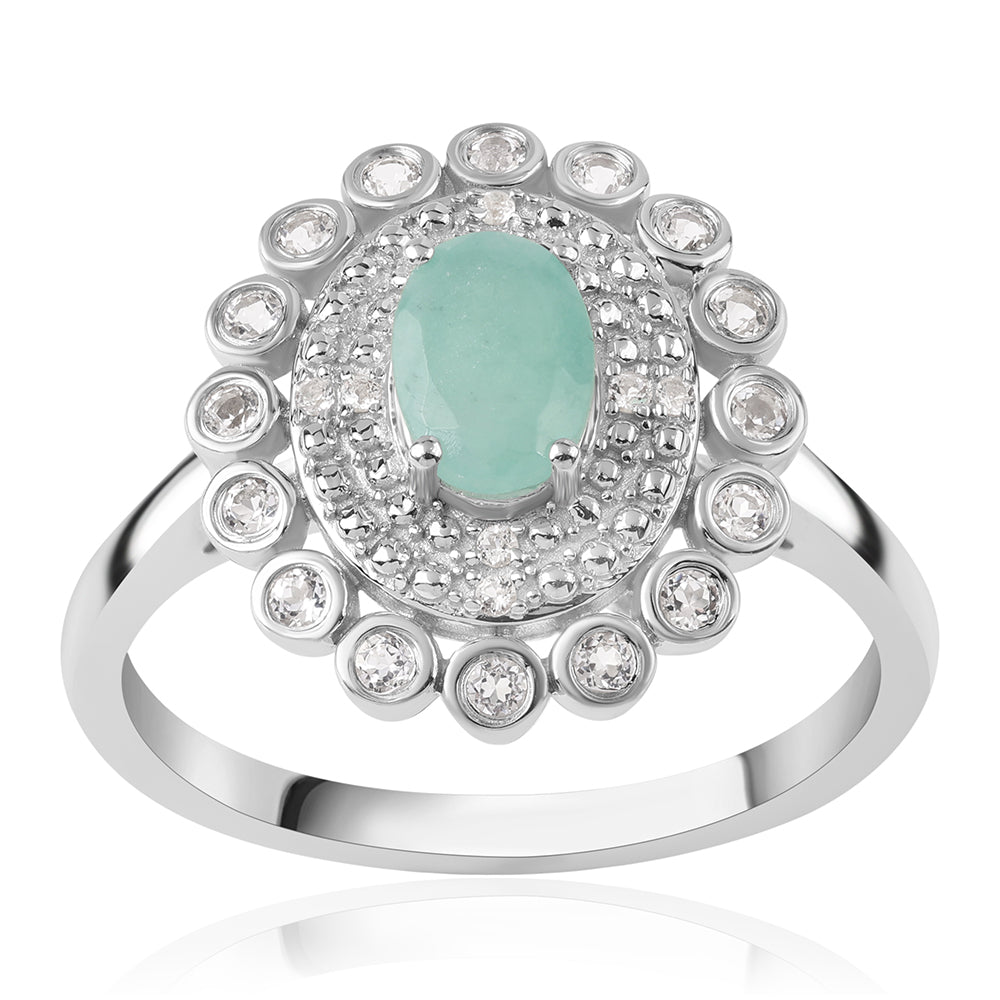 Stříbro 925/1000 - Prsten s Brazilským Smaragdem a Bílým Topazem - Karátové číslo: 1.08. přibližná hmotnost: 3.88 gramů 6 