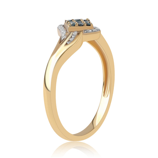 Pozlacené Stříbro 925/1000 - Prsten s Modrým Diamantem a Bílým Diamantem - Karátové číslo: 0.18. přibližná hmotnost: 2.19 gramů