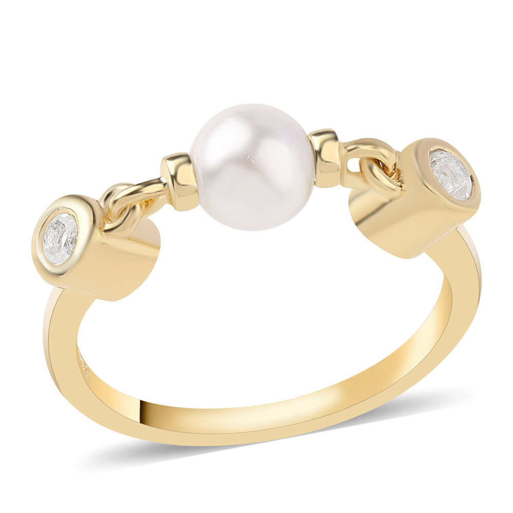 Pozlacené Sterlingové Stříbro 925 / 1000 - Prsten s Bílou Sladkovodní Perlou a Bílým Topazem 1 