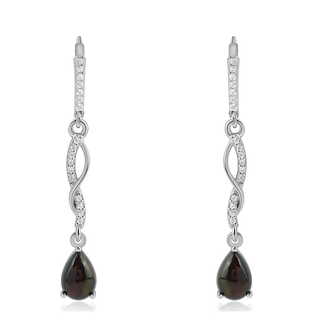 Stříbrné Náušnice s Půlnočně Černým Etiopským Opálem z Lega Dembi a Bílým Topazem