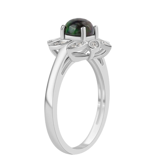 Stříbrný Prsten s Půlnočně Černým Etiopským Opálem z Lega Dembi a Bílým Topazem