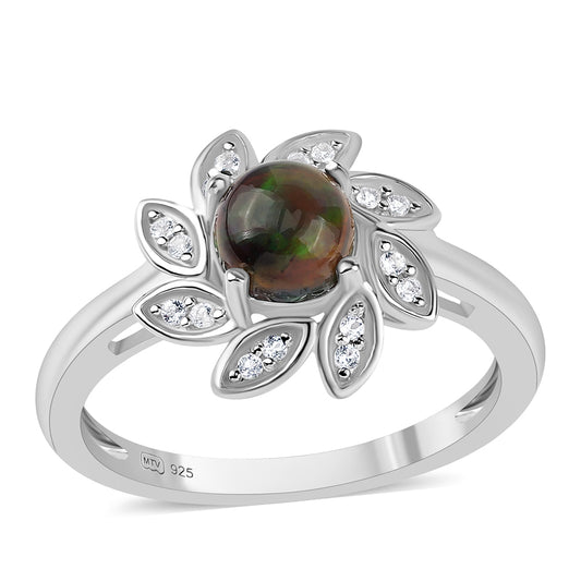 Stříbrný Prsten s Půlnočně Černým Etiopským Opálem z Lega Dembi a Bílým Topazem