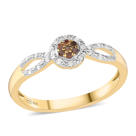 Pozlacené Stříbro 925/1000 - Prsten s Červeným Diamantem a Bílým Diamantem - Karátové číslo: 0.16. přibližná hmotnost: 2.41 gramů