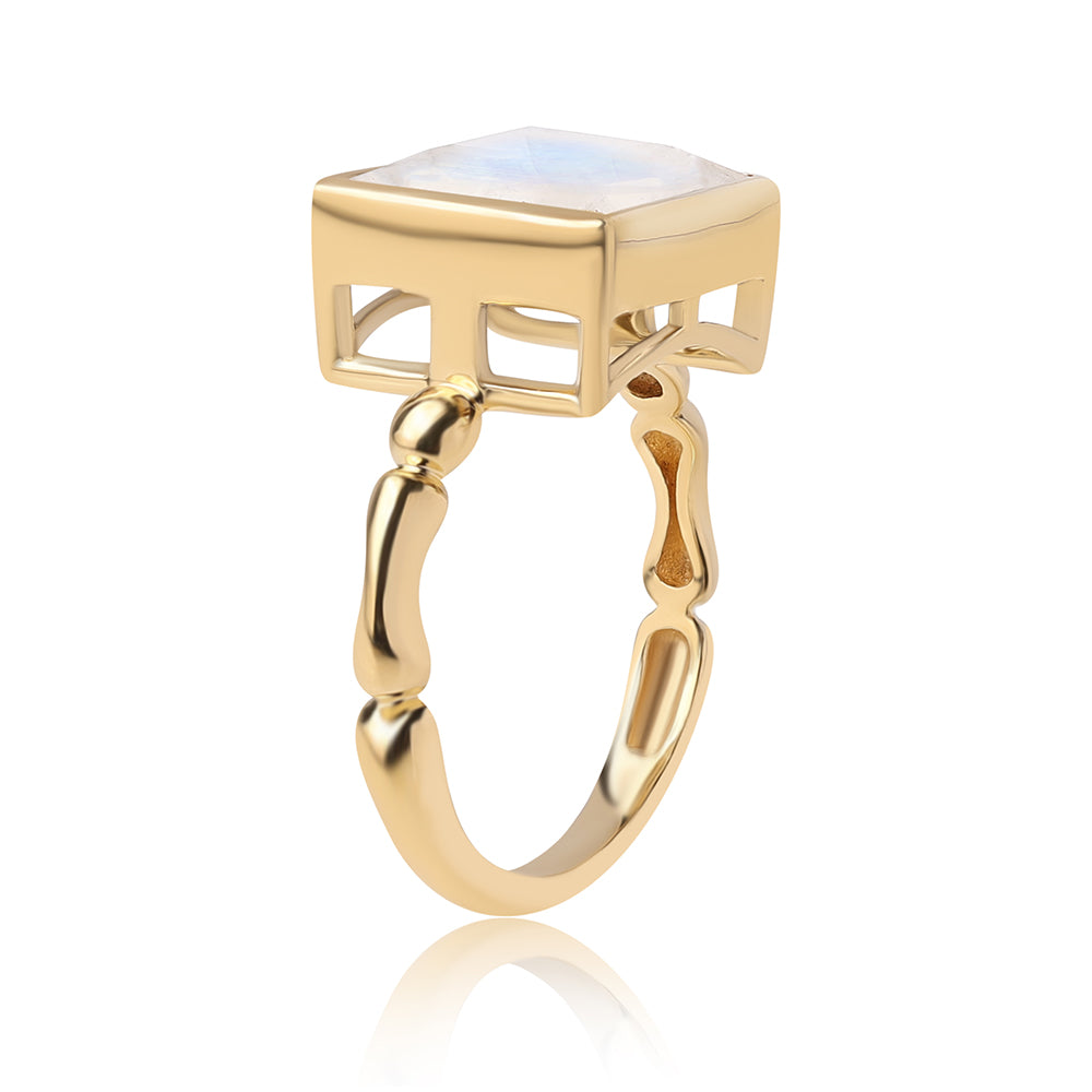 Pozlacený 925 / 1000 Sterlingové Stříbro Prsten s duhovým měsíčním kámenem tř. AA