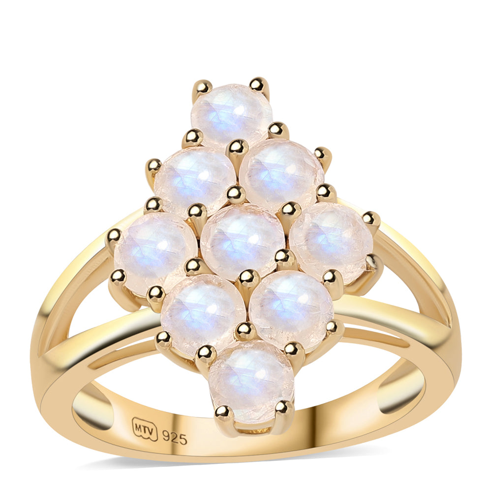 Pozlacený 925 / 1000 Sterlingové Stříbro Prsten s duhovým měsíčním kámenem tř. AA 1 