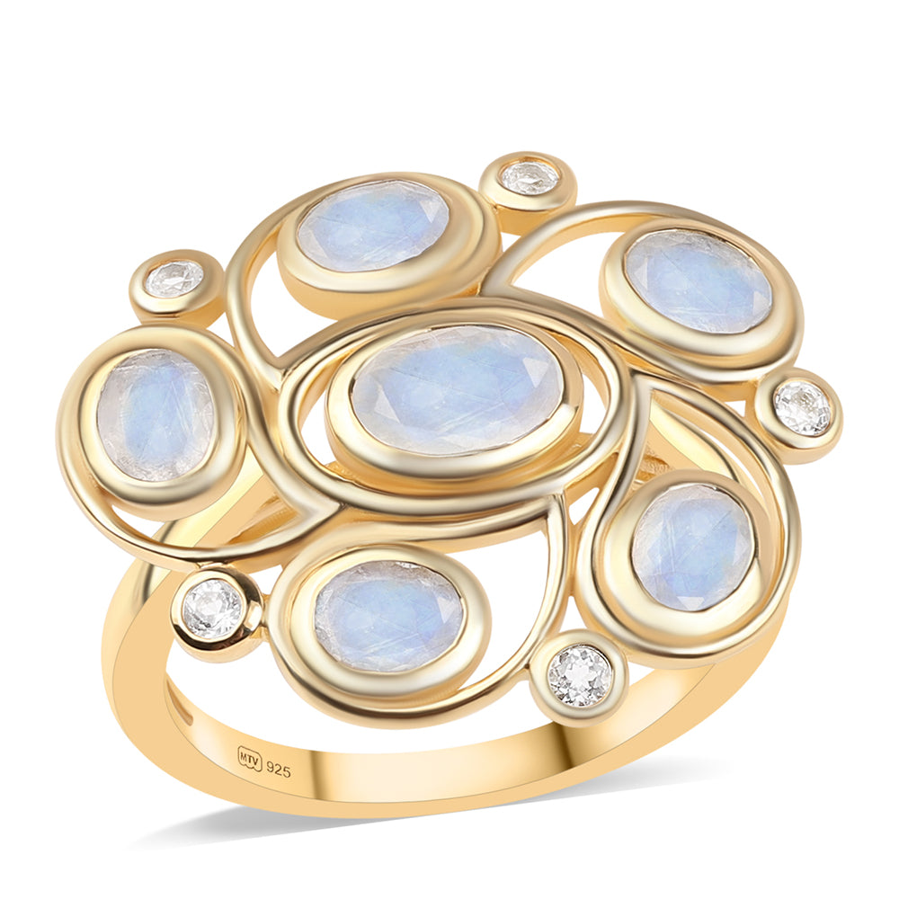 Pozlacený 925 / 1000 Sterlingové Stříbro Prsten s duhovým měsíčním kámenem tř. AA a Bílým Topazem