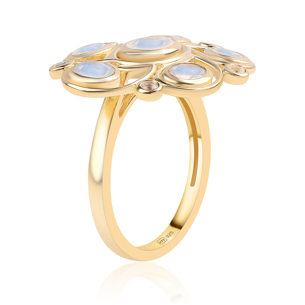 Pozlacený 925 / 1000 Sterlingové Stříbro Prsten s duhovým měsíčním kámenem tř. AA a Bílým Topazem