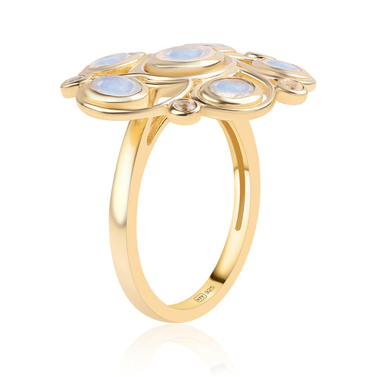 Pozlacený 925 / 1000 Sterlingové Stříbro Prsten s duhovým měsíčním kámenem tř. AA a Bílým Topazem