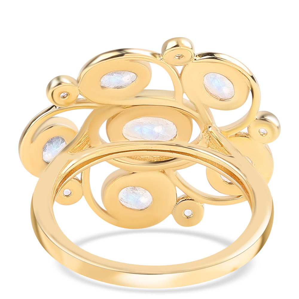Pozlacený 925 / 1000 Sterlingové Stříbro Prsten s duhovým měsíčním kámenem tř. AA a Bílým Topazem 3 