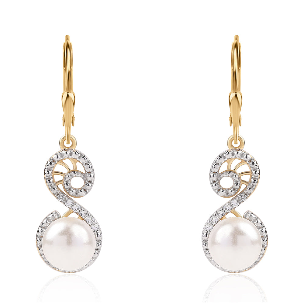 Pozlacené 925 / 1000 Sterlingové Stříbro Náušnice s Bílou Sladkovodní Perlou a Bílým Topazem