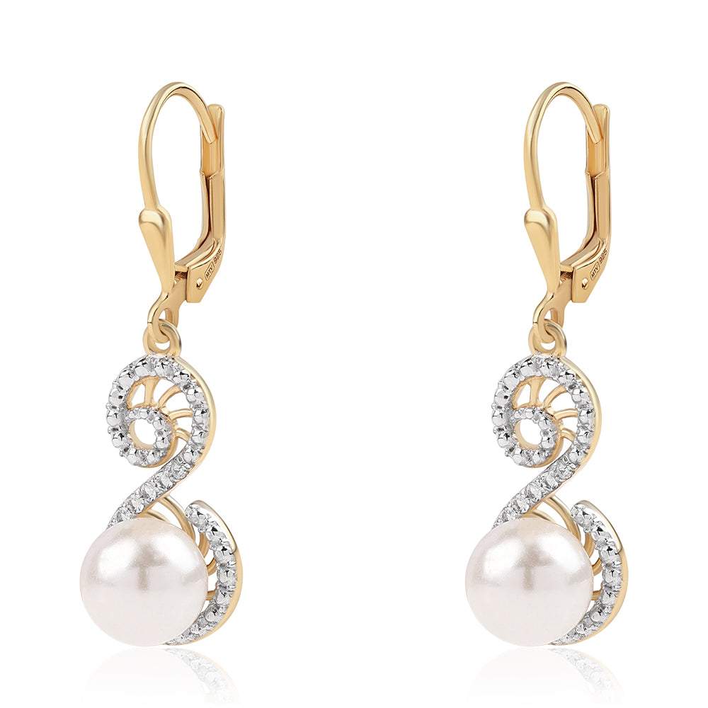 Pozlacené 925 / 1000 Sterlingové Stříbro Náušnice s Bílou Sladkovodní Perlou a Bílým Topazem 1 