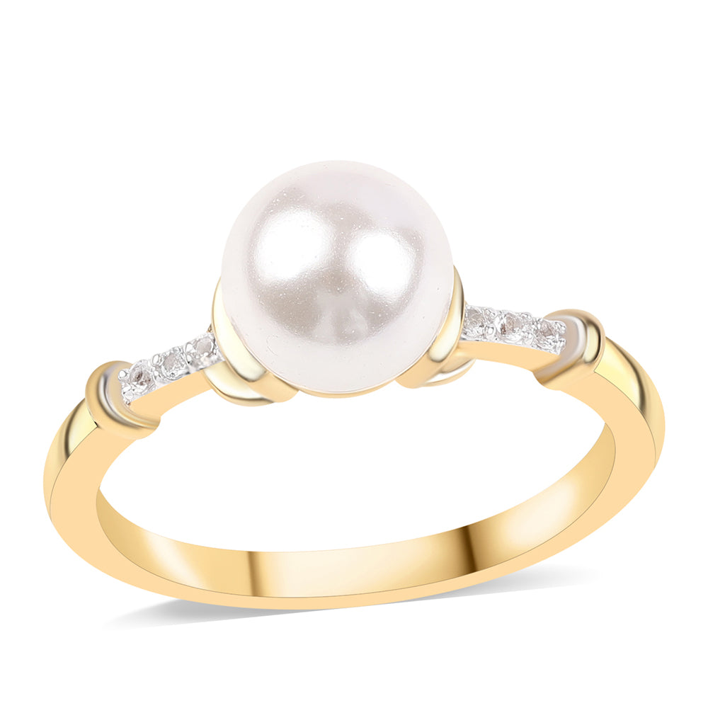 Pozlacené Stříbro 925/1000 - Prsten s Bílou Sladkovodní Perlou a Bílým Topazem - Karátové číslo: 4.34. přibližná hmotnost: 3.37 gramů