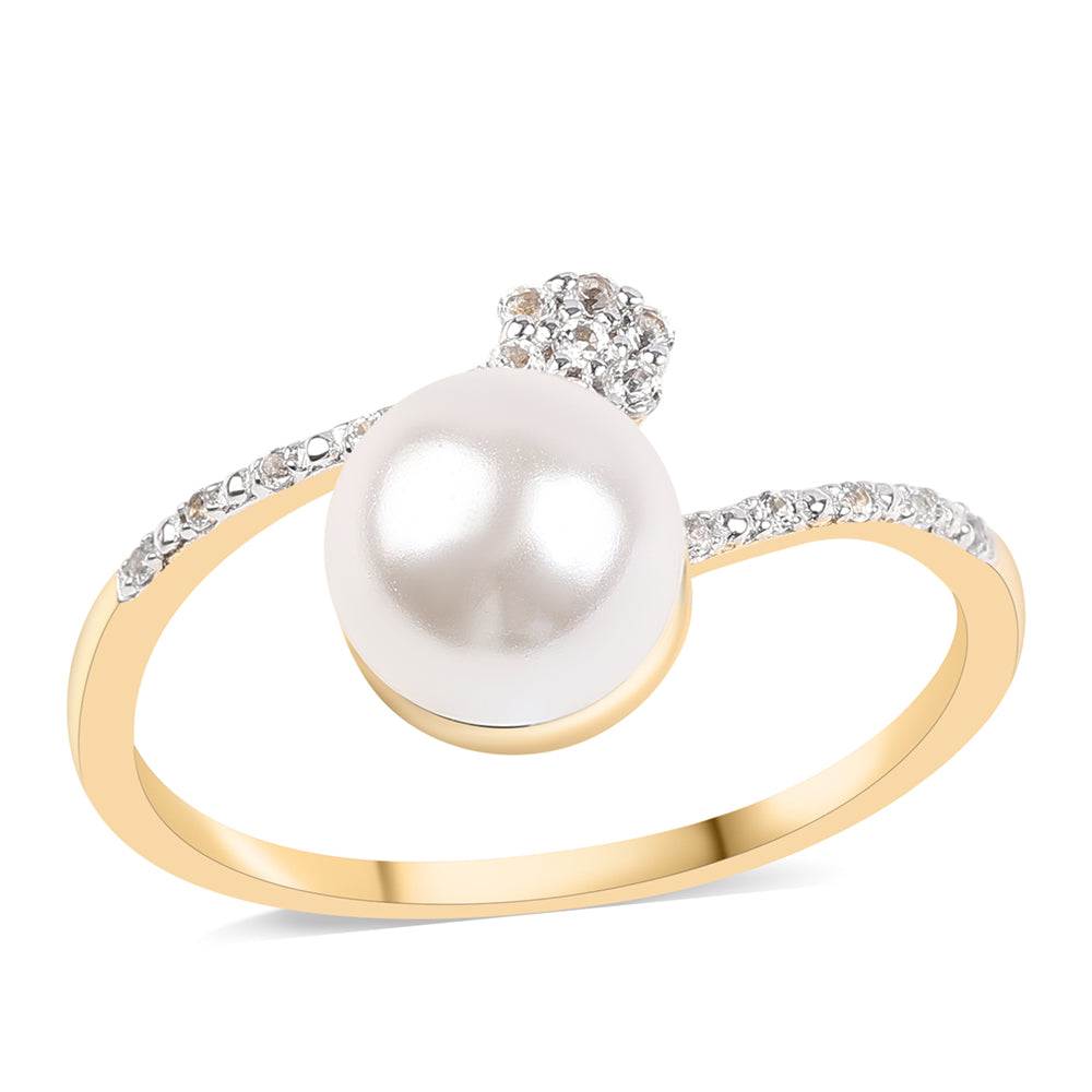 Pozlacené Stříbro 925/1000 - Prsten s Bílou Sladkovodní Perlou a Bílým Topazem - Karátové číslo: 4.2. přibližná hmotnost: 2.48 gramů