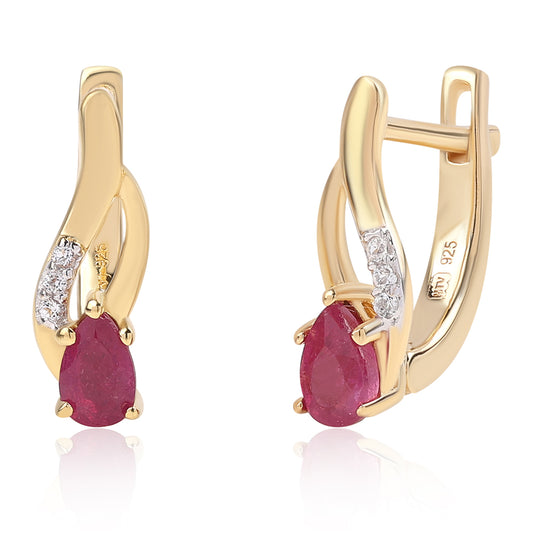 Pozlacené 925 / 1000 Sterlingové Stříbro Náušnice s Mozambickým Rubínem a Bílým Topazem