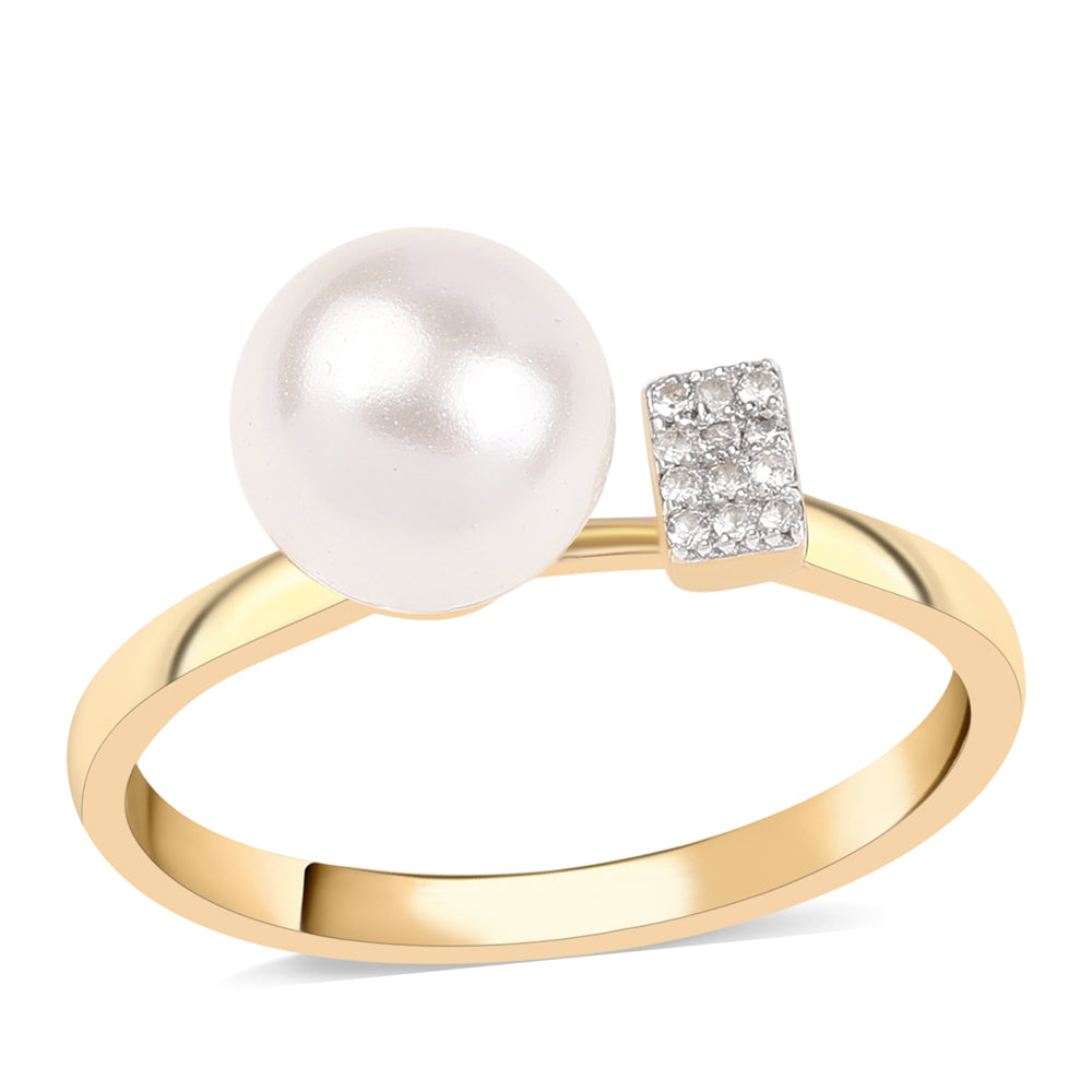 Pozlacené Stříbro 925/1000 - Prsten s Bílou Sladkovodní Perlou a Bílým Topazem - Karátové číslo: 4.37. přibližná hmotnost: 2.98 gramů 1 