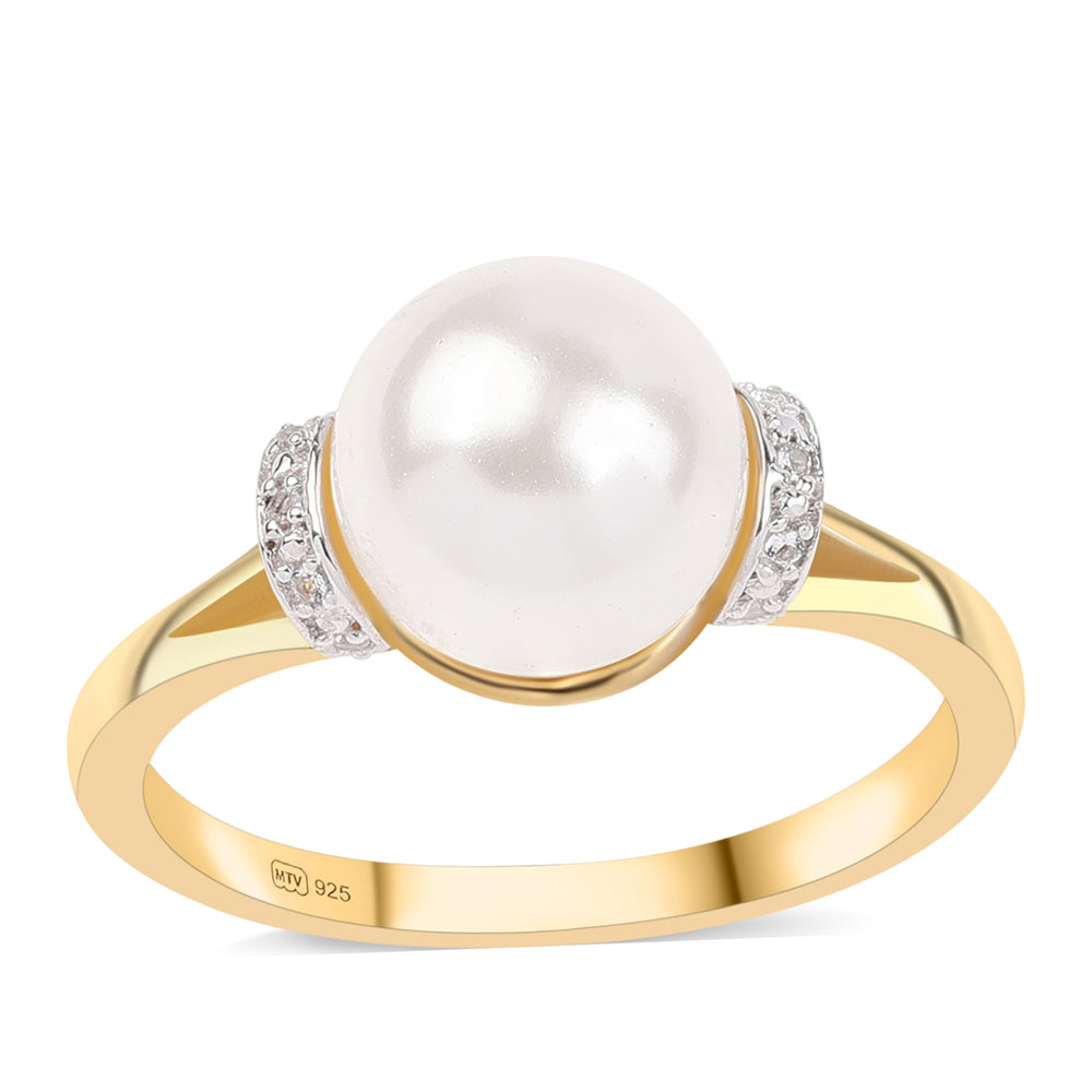 Pozlacené Stříbro 925/1000 - Prsten s Bílou Sladkovodní Perlou a Bílým Topazem - Karátové číslo: 7.24. přibližná hmotnost: 4.06 gramů