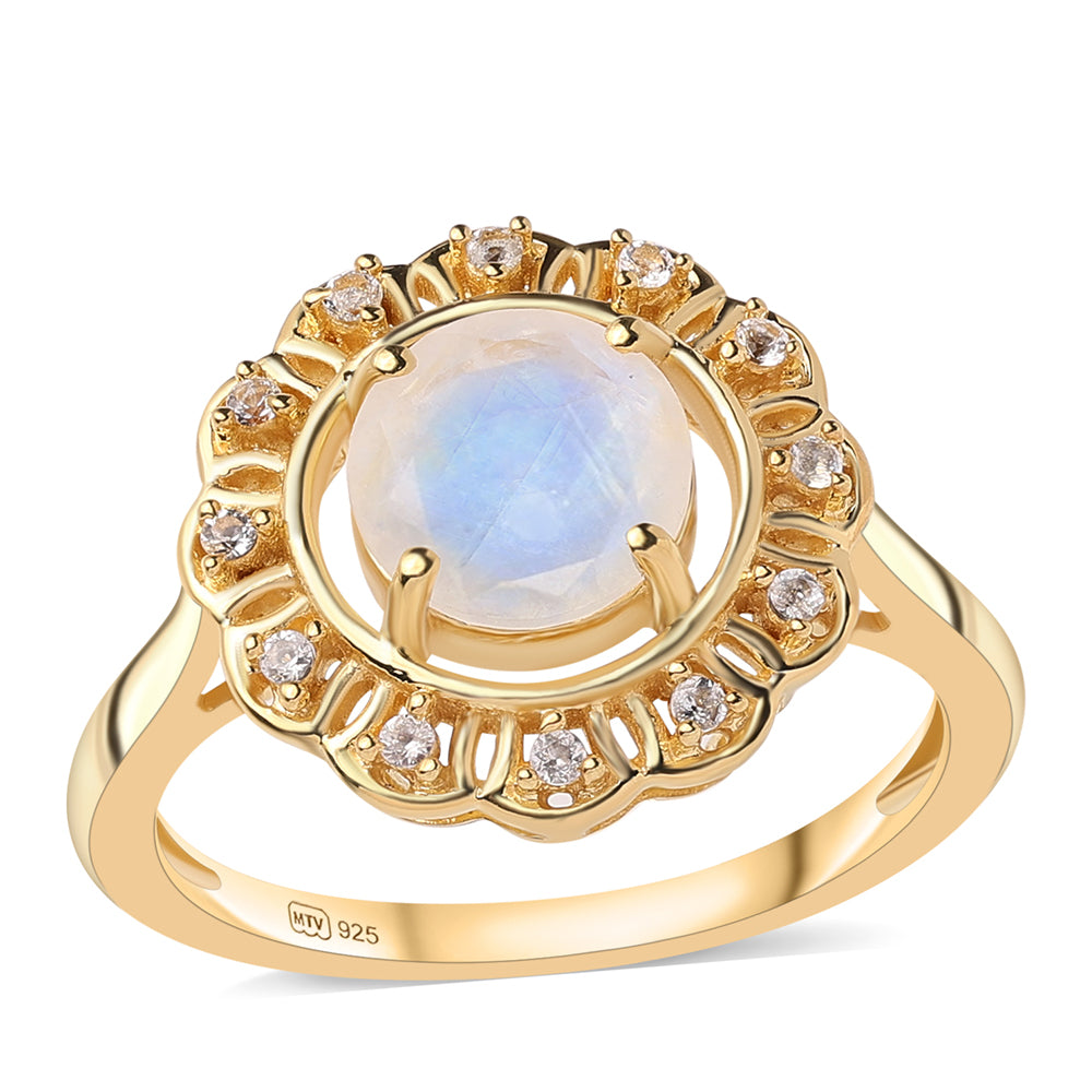 Pozlacené Stříbro 925/1000 - Prsten s duhovým měsíčním kámenem tř. AA a Bílým Topazem - Karátové číslo: 1.84. přibližná hmotnost: 4.08 gramů 1 