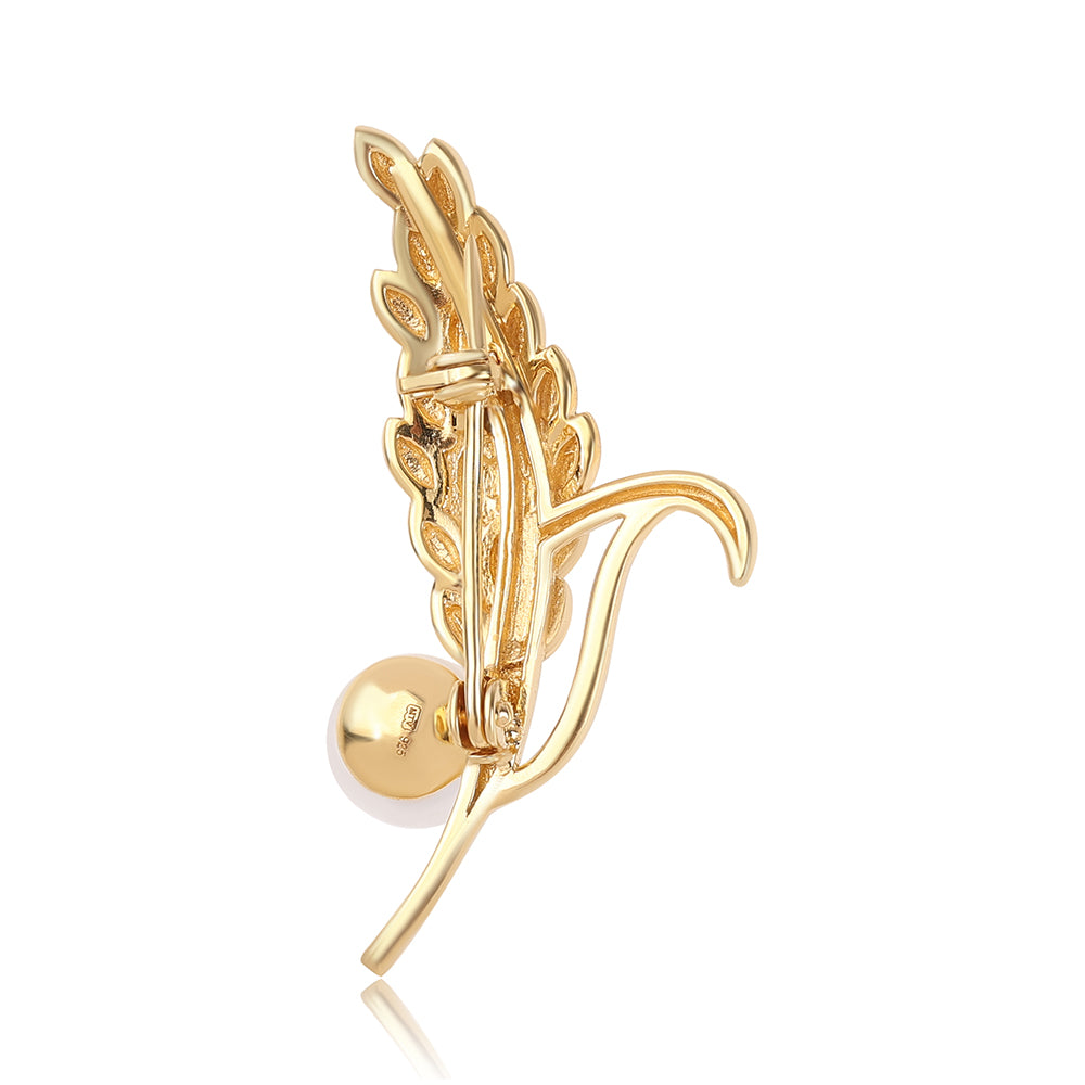 Pozlacené Sterlingové Stříbro 925 / 1000 - Brož s Bílou Sladkovodní Perlou