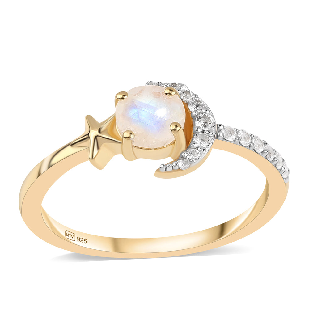 Pozlacený 925 / 1000 Sterlingové Stříbro Prsten s duhovým měsíčním kámenem tř. AA a Bílým Topazem