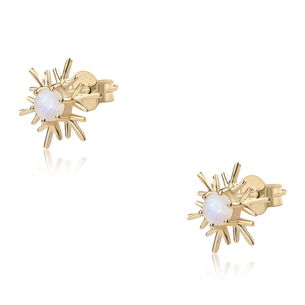 Pozlacené 925 / 1000 Sterlingové Stříbro Náušnice s duhovým měsíčním kámenem tř. AA