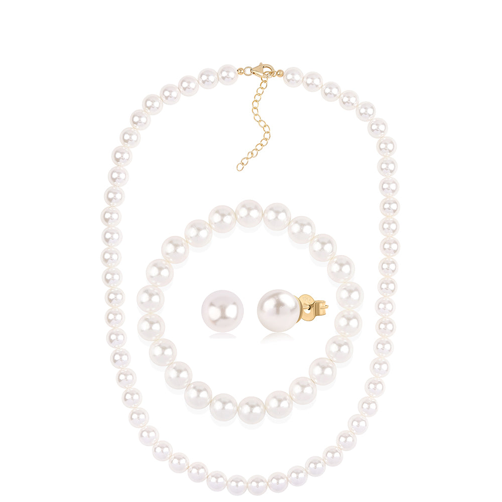 Pozlacená 925 / 1000 Sterlingové Stříbro Sada s Bílou Sladkovodní Perlou ( Náhrdelník+Náušnice+Náramek ) 1 