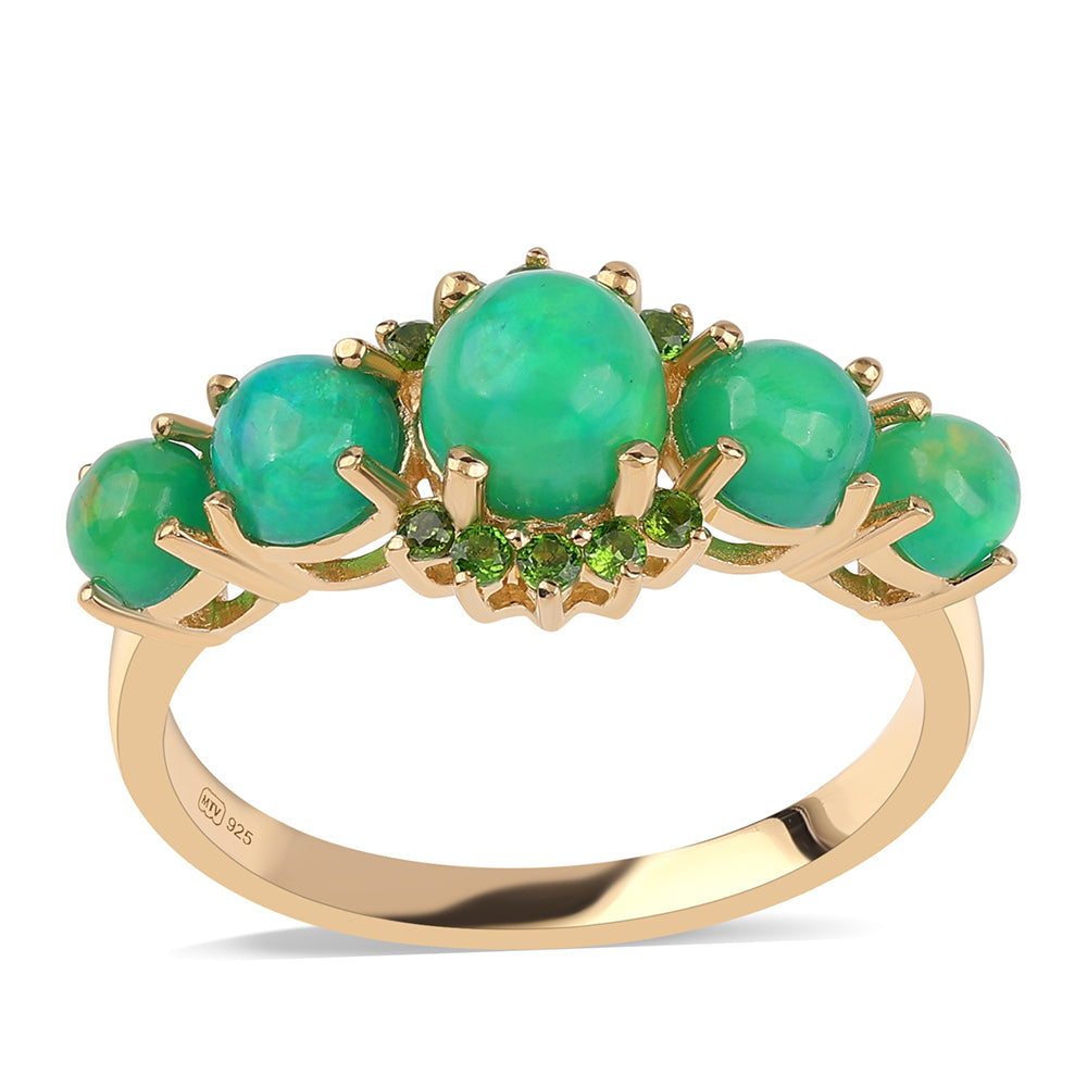 Pozlacený 925 / 1000 Sterlingové Stříbro Prsten se Zeleným Etiopským Opálem z Lega Dembi a Chromovým Diopsidem 1 