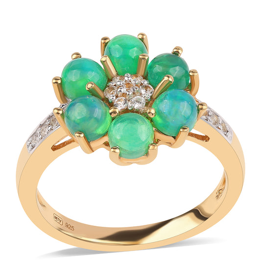 Pozlacený 925 / 1000 Sterlingové Stříbro Prsten se Zeleným Etiopským Opálem z Lega Dembi a Bílým Topazem