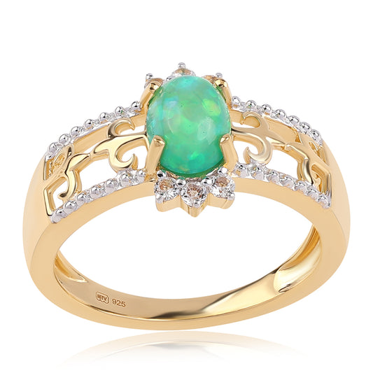 Pozlacený 925 / 1000 Sterlingové Stříbro Prsten se Zeleným Etiopským Opálem z Lega Dembi a Bílým Topazem